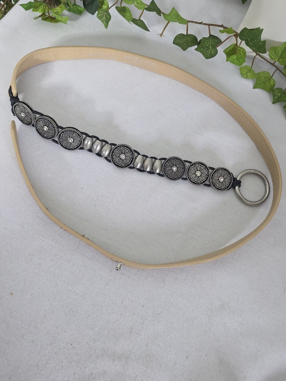 Tan and Silver Boho Adjustable Belt with Metal Medallions